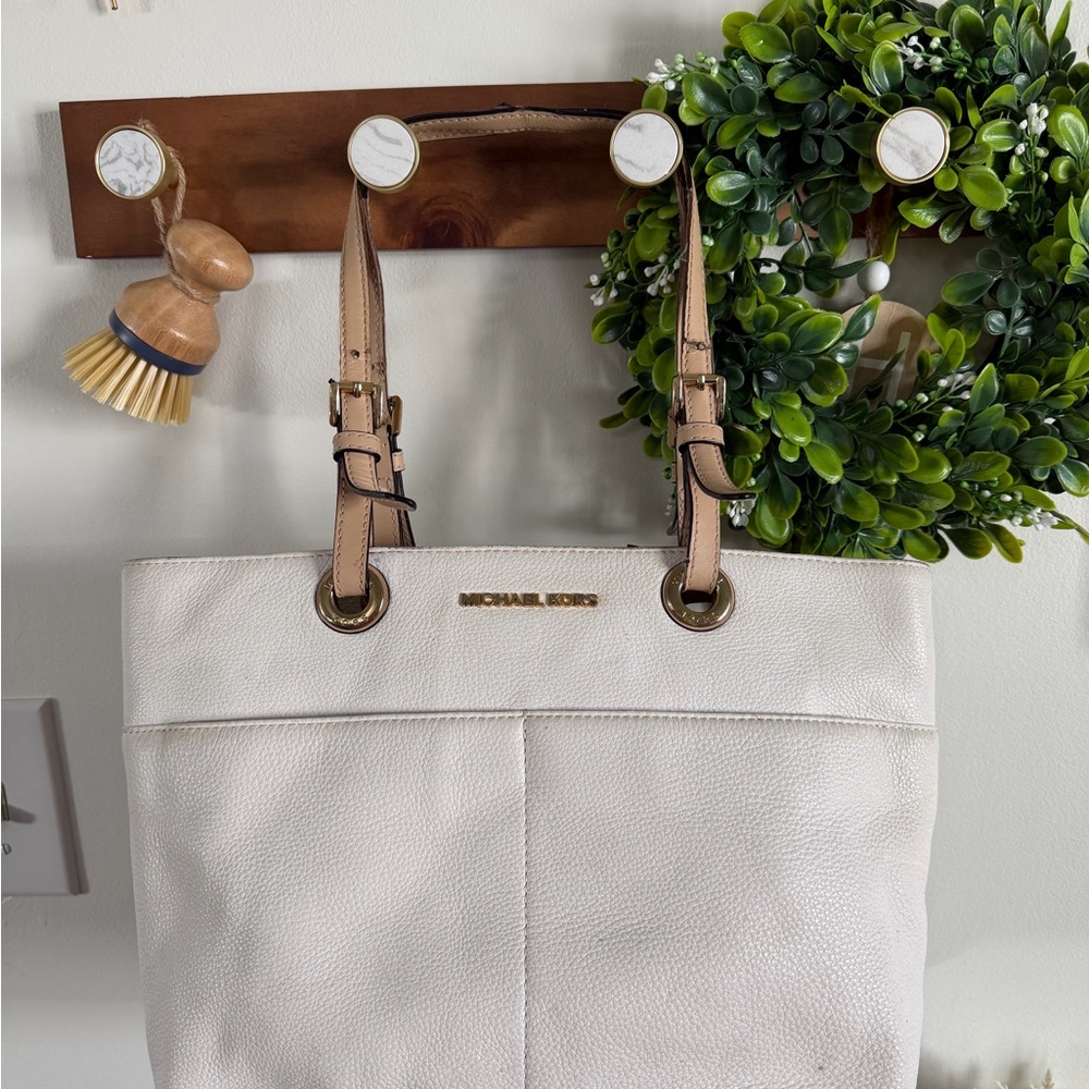 Michael Kors White Pebbled Leather Tote with Tan Straps